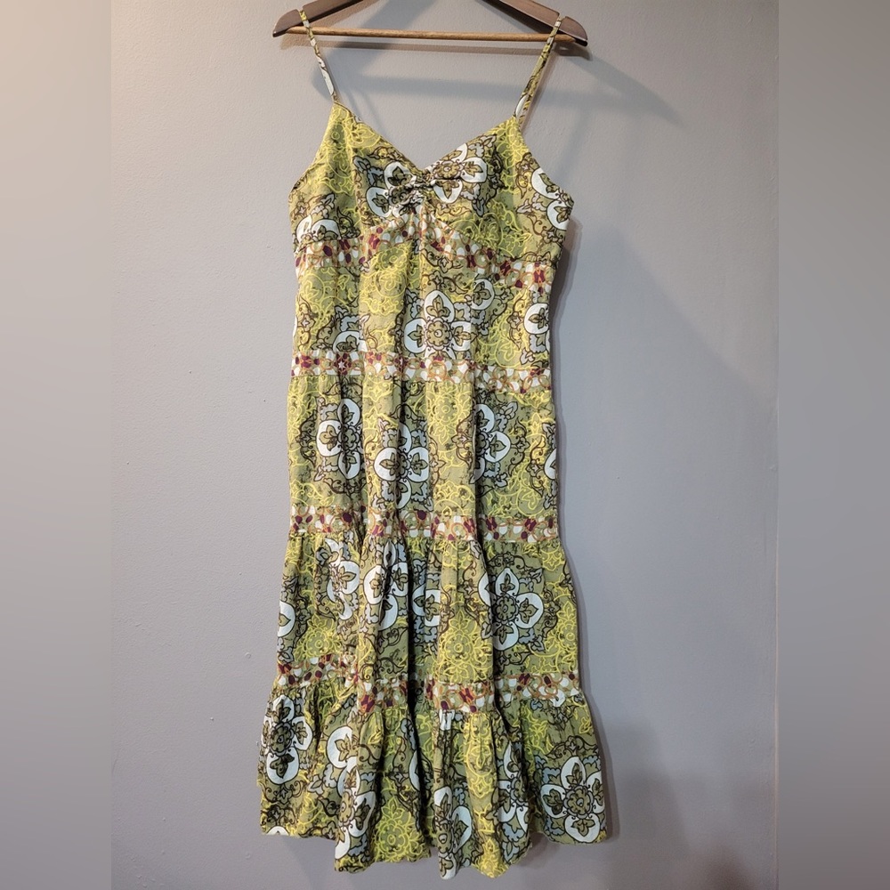 Mlle Gabrielle Bohemian Lightweight Spaghetti Strap Midi Tiered Dress | Size M